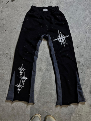 Black Rhinestone Faith Cross Graphic Flared Sweatpants - Foreign Drip