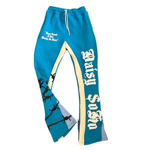 Retro Street Letter Puff Print Blue Flared Sweatpants - Foreign Drip