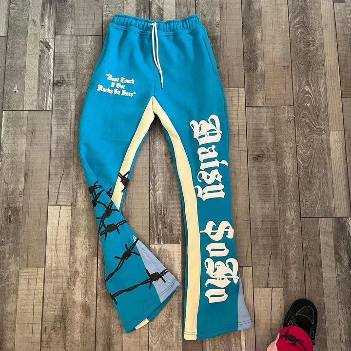 Retro Street Letter Puff Print Blue Flared Sweatpants - Foreign Drip