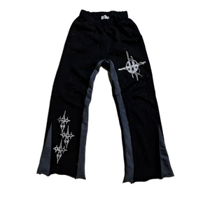 Black Rhinestone Faith Cross Graphic Flared Sweatpants - Foreign Drip