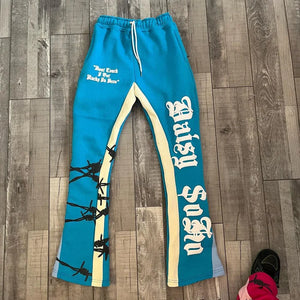 Retro Street Letter Puff Print Blue Flared Sweatpants - Foreign Drip