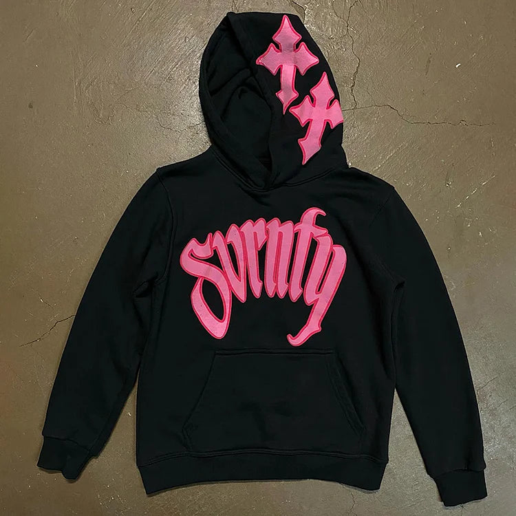 Cross Letter Graphic Print Pullover Hoodie - Foreign Drip